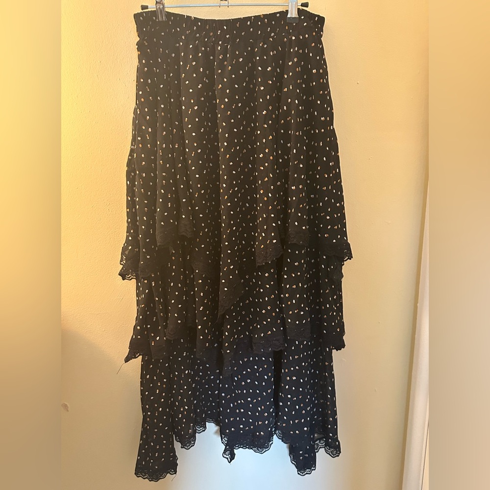 Black Tiered Skirt with Cream Dot Print